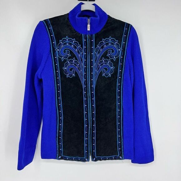 Bob Mackie Womens XS Leather‎ Art Artsy Zip Sweater Jacket Embroidered Boho - Picture 1 of 11